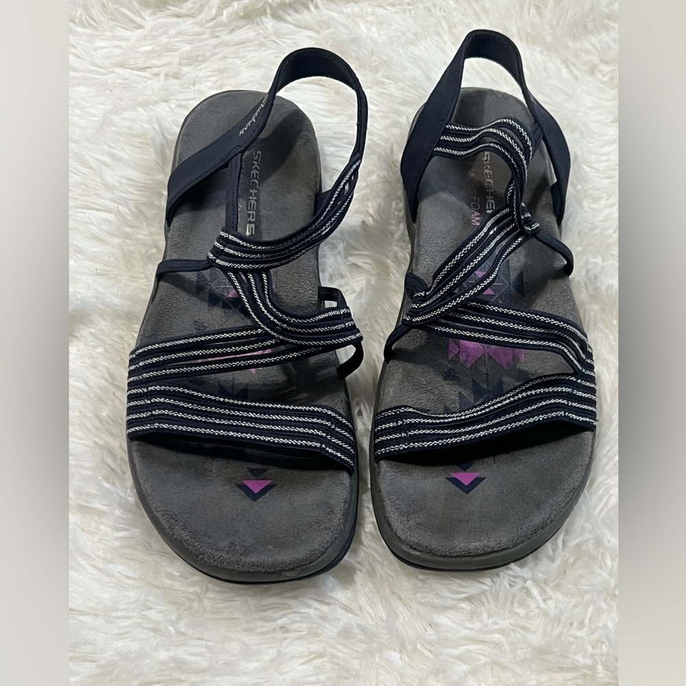 Skechers Memory Foam Strappy Slingback Sandals Women’sSize 8Navy Comfort Walking